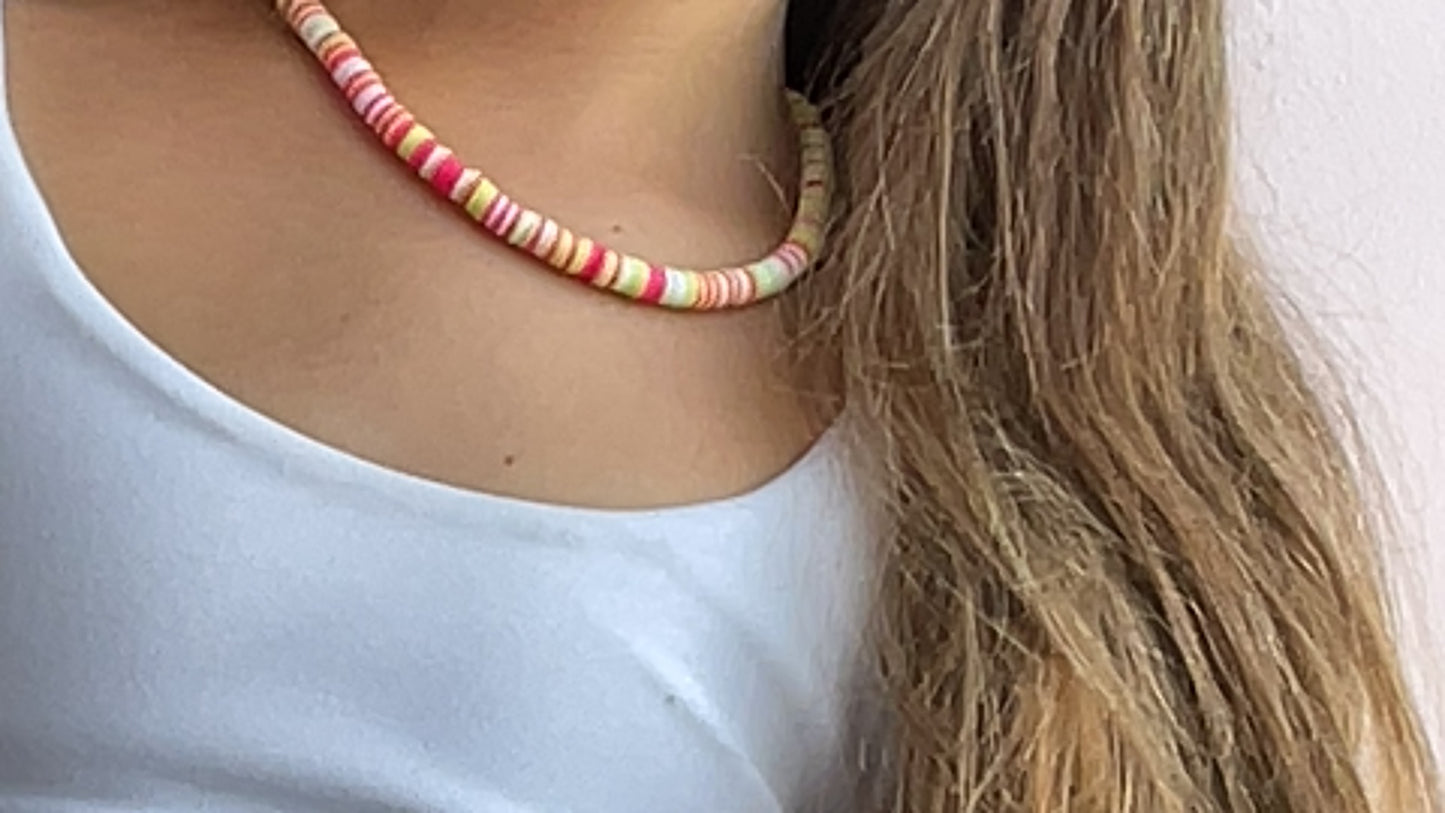 ￼ Pink, White and Green clay bead necklace ￼